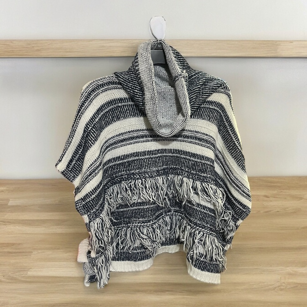 Linda Anderson Women’s Fringe Striped Knit Poncho Cowl Neck One Size Fits All